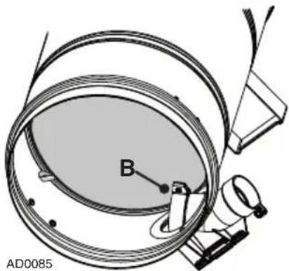 Technical diagram of a mechanical assembly with labeled component B, no readable text or symbols present