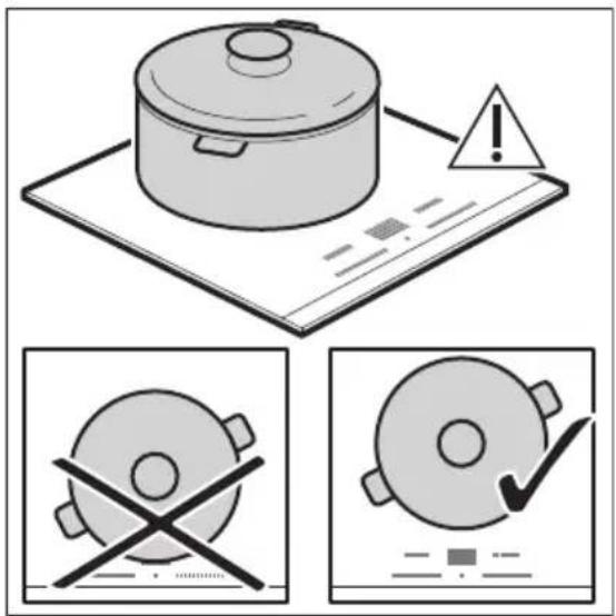 Safety warning illustration showing cooking process with a pot, warning symbol, and crossed-out safety symbols.
