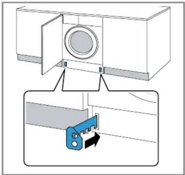 Diagram showing a washing machine with a blue plastic clip inserted into a housing (no text or symbols present).