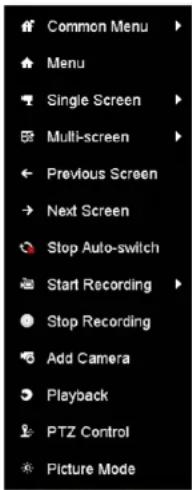 Common Menu Menu Single Screen Multi-screen Previous Screen Next Screen Stop Auto-switch Start Recording Stop Recording Add Camera Playback PTZ Control Picture Mode