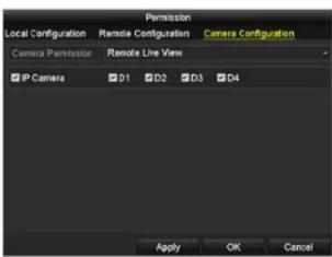 Local Configuration Camera Configuration Remote Configuration Camera Permission Remote Live View IP Camera D1 D2 D3 D4 Apply OK Cancel