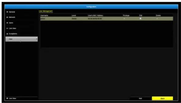 Configuration General Network Users User View Connections User User Management Name Level User's MAC Address Prologa Edit Data user Enter IEA 00:00:00:00:00 - User View Auto Back