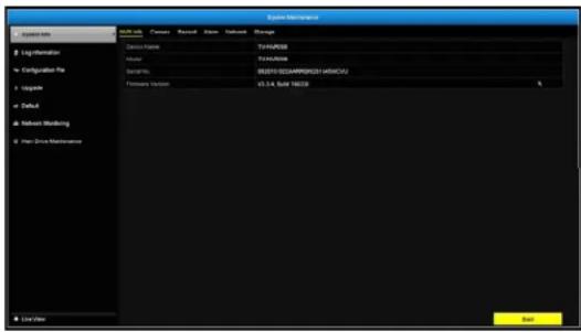 System Information Log Information Configuration File Upgrade Default Network Monitoring Plan Drive Maintenance Device Name: TVM-2018 Module: TVM-2018 Service No: 032015.SZ24MPPR0521.MSICUA Hardware Version: V3.3.4 Suite 19038 Unit Data Exit