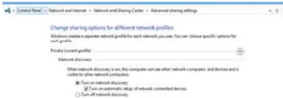 Control Panel + Network and Internet + Network and Sharing Center + Advanced sharing settings Change sharing options for different network profiles Windows creates a separate network profile for each network you use. You can choose specific options for each profile. Private (current profile) Network…