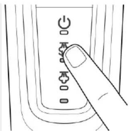 Hand-drawn diagram showing a finger pressing a button with power and switch icons, indicating action or control buttons.