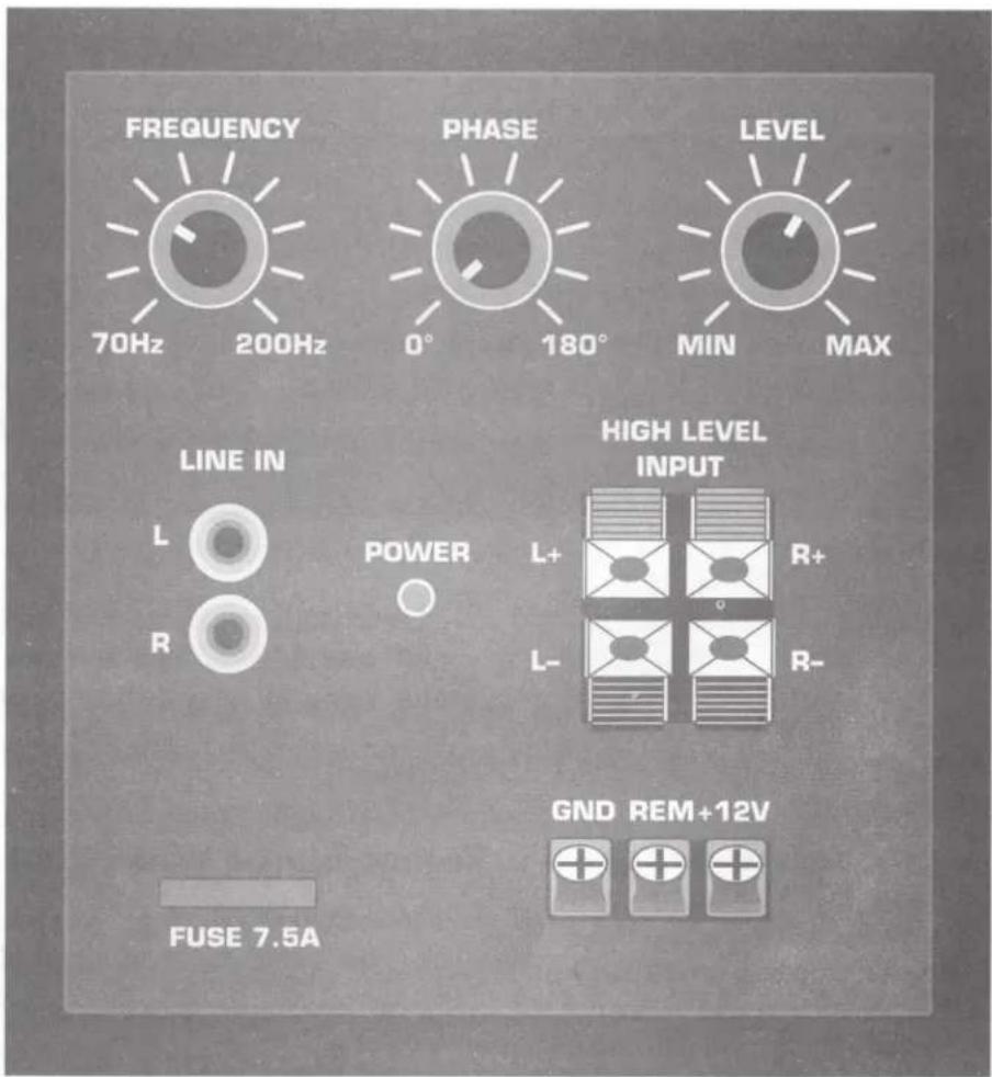 FREQUENCY 70Hz 200Hz PHASE 0° 180° LEVEL MIN MAX LINE IN L POWER R L+ R+ L- R- HIGH LEVEL INPUT GND REM+12V FUSE 7.5A