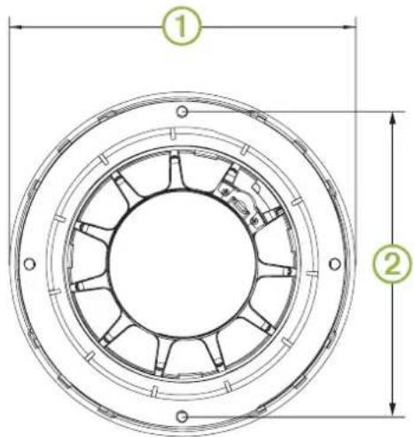 Technical diagram of a circular mechanical component with labeled parts ① and ②, showing internal structure and dimension lines.