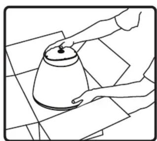 Line drawing of a person holding a lid over a tiled floor (no text or symbols)