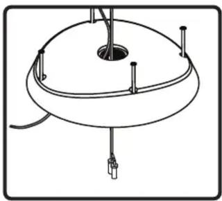 Technical line drawing of a circular mechanical component with mounting holes and wires (no text or symbols)
