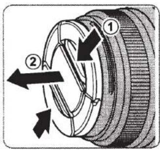 Technical diagram of a mechanical component with numbered parts and directional arrows indicating motion or assembly.