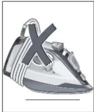 Illustration of a steam iron with a large 'X' mark on its side (no text or symbols)