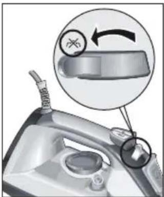 Illustration of a hair iron with a magnified inset showing a button and handle (no text or symbols)