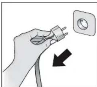 Hand holding an electrical plug with a circular socket, showing a black arrow indicating cable direction (no text or symbols)