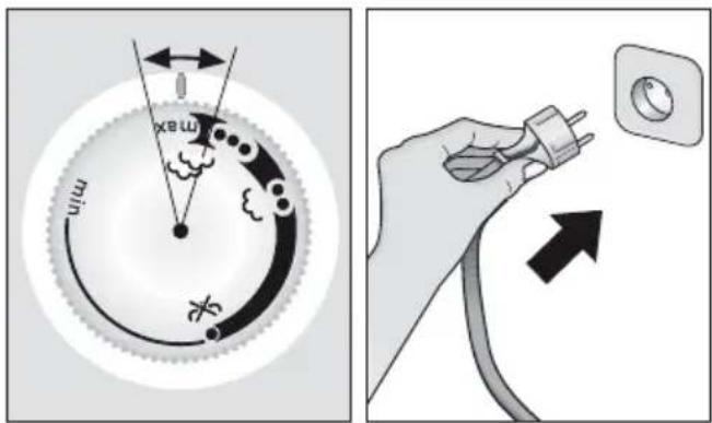 Diagram illustrating a device's electrical connection with labeled components and an electrical plug, showing speed limit and power outlet.