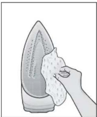 Illustration of a hand cleaning a steaming iron with a cloth (no text or symbols)