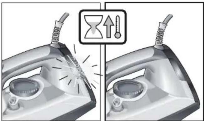 Illustration of a steam iron with a magnified view showing heat transfer (no text or symbols)