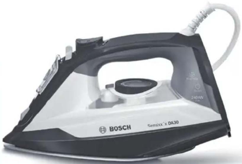 BOSCH iron with black and white casing, no visible text or symbols on body.