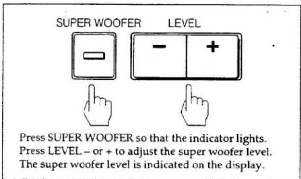 SUPER WOOFER LEVEL Press SUPER WOOFER so that the indicator lights. Press LEVEL – or + to adjust the super woofer level. The super woofer level is indicated on the display.