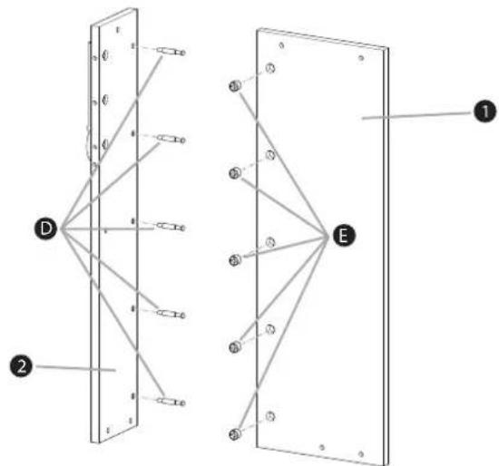 Diagram showing two labeled panels (D and E) with internal connections and numbered components, likely illustrating a physical or engineering concept.
