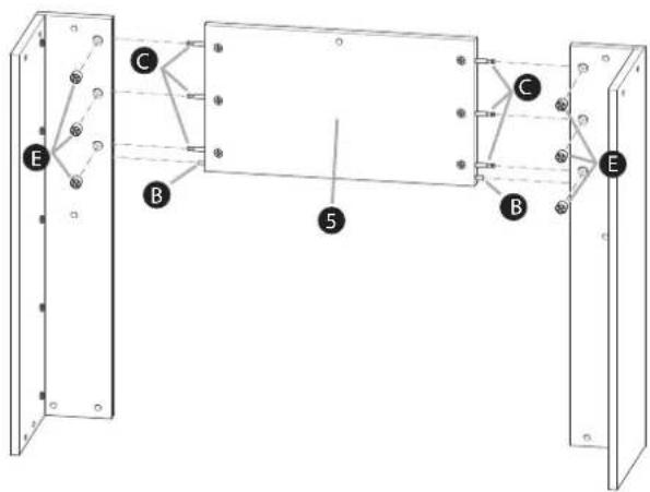 Technical diagram of a mechanical or electrical assembly with labeled components A, B, C, and E, showing connections and alignment indicators.