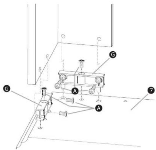 Technical diagram of a mechanical assembly with labeled components A and G, showing alignment and mounting details.