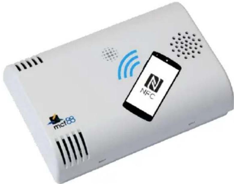 White wireless router device with NFC display and signal icons (no readable text or symbols)