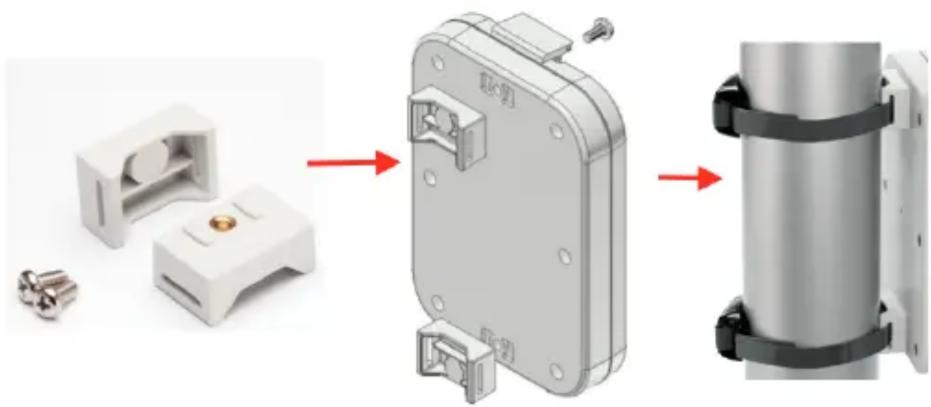 Three-step diagram showing assembly of a white plastic enclosure, a mechanical lock, and a cylindrical component with black clamps (no text or symbols)