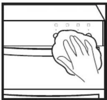 Simple line drawing of a hand cleaning a surface with a cloth (no text or symbols)