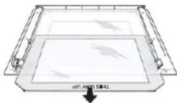 Technical line drawing of a rectangular tray with internal structure and a downward arrow indicating direction (no text or symbols)