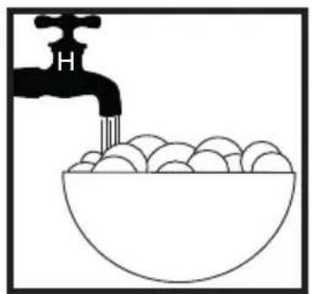 Simple line drawing of a faucet pouring liquid into a bowl filled with eggs (no text or symbols)