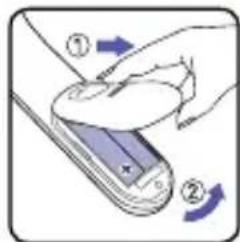 Diagram showing a hand holding a device with two directional arrows labeled ① and ② indicating movement or change.
