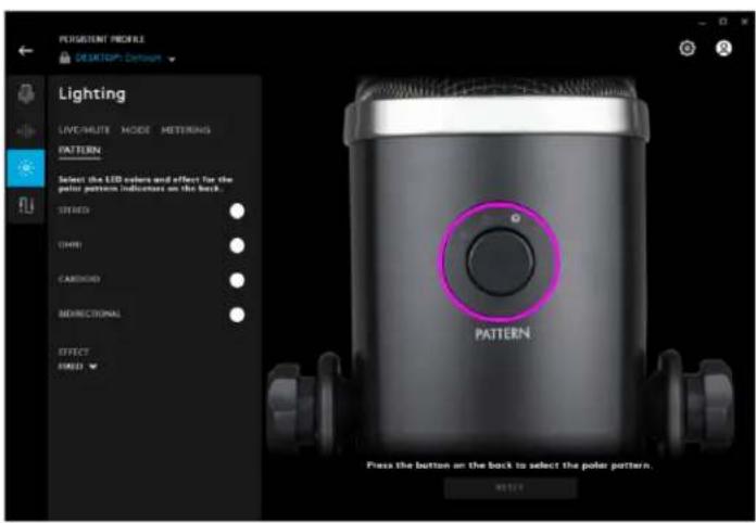 PERSISTENT PROFILE DESKTOP: Default Lighting LIVE/MUTE MODE METERING PATTERN Select the LED colors and effect for the polar pattern indicators on the back. STEREO CHIKI CARDIOLOGY SIDECONIONAL EFFECT FIXED PATTERN Press the button on the back to select the polar pattern.