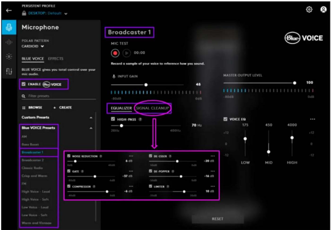 PERSISTENT PROFILE DESKTOP: Default Microphone POLAR PATTERN CARDIOD BLUE VOICE EFFECTS BLUE VOICE gives you total control over your mic audio. ENABLE 📄 Voice Filter presets BROWSE CREATE Custom Presets Blue VOICE Presets AM Bass Boost Broadcaster 1 Broadcaster 2 Classic Radio Crisp and Warm FM High…
