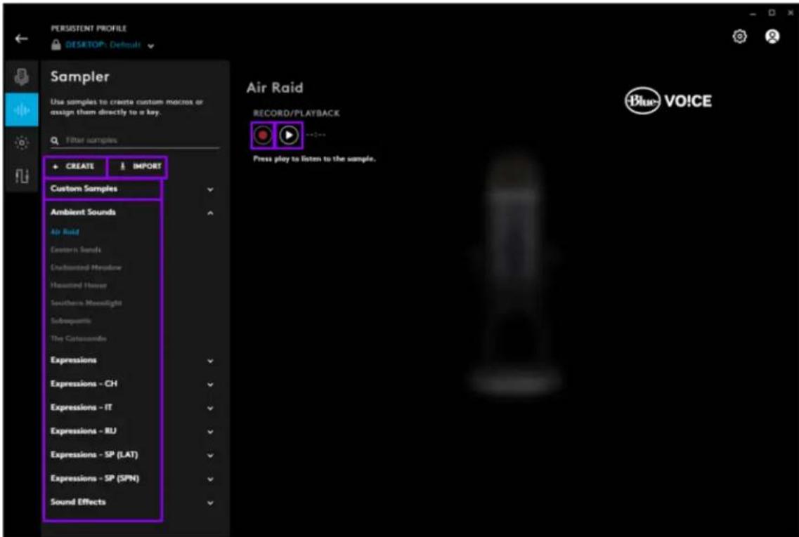 PERSISTENT PROFILE DESKTOP: Default Sampler Use samples to create custom macros or assign them directly to a key. Filter samples + CREATE IMPORT Custom Samples Ambient Sounds Air Raid Evapotis Sounds Unblounted Mirador Measured Hover Southern Highlight Subsequently The Catanombe Expressions Expressi…