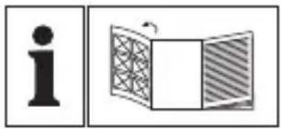 Image containing a lowercase 'i' symbol and a folded document with patterned pages, alongside a directional arrow.