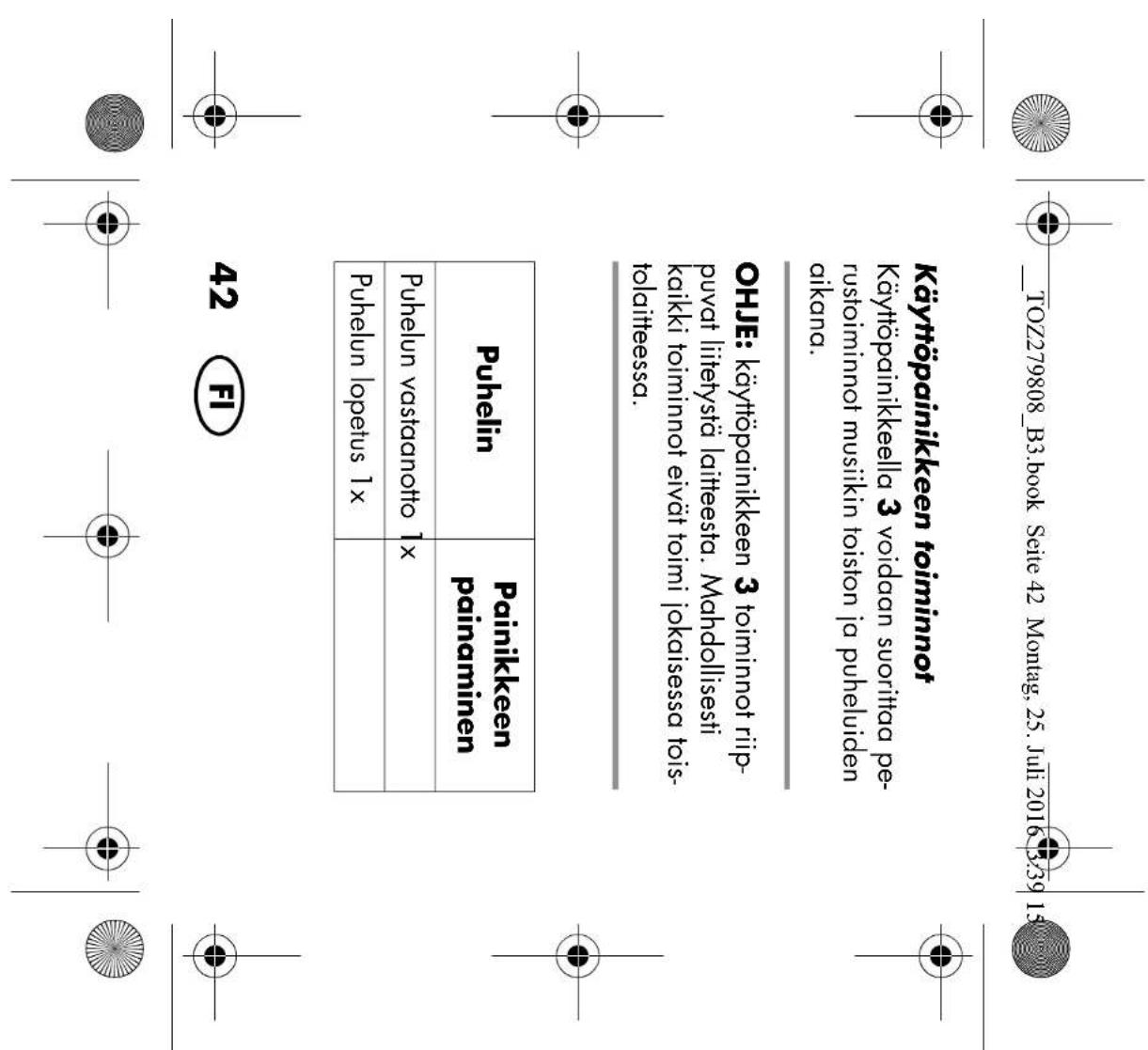 TOZ279808_B3.book Seite 42 Montag, 25. Juli 2016 3:39 15 Käyttöpainikkeen toiminnot Käyttöpainikkeella 3 voidaan suorittaa pe- rustoiminnot musiikin toiston ja puheluiden aikana. OHJE: käyttöpainikkeen 3 toiminnot riip- puvat liitetystä laitteesta. Mahdollisesti kaikki toiminnot eivät toimi jokaises…