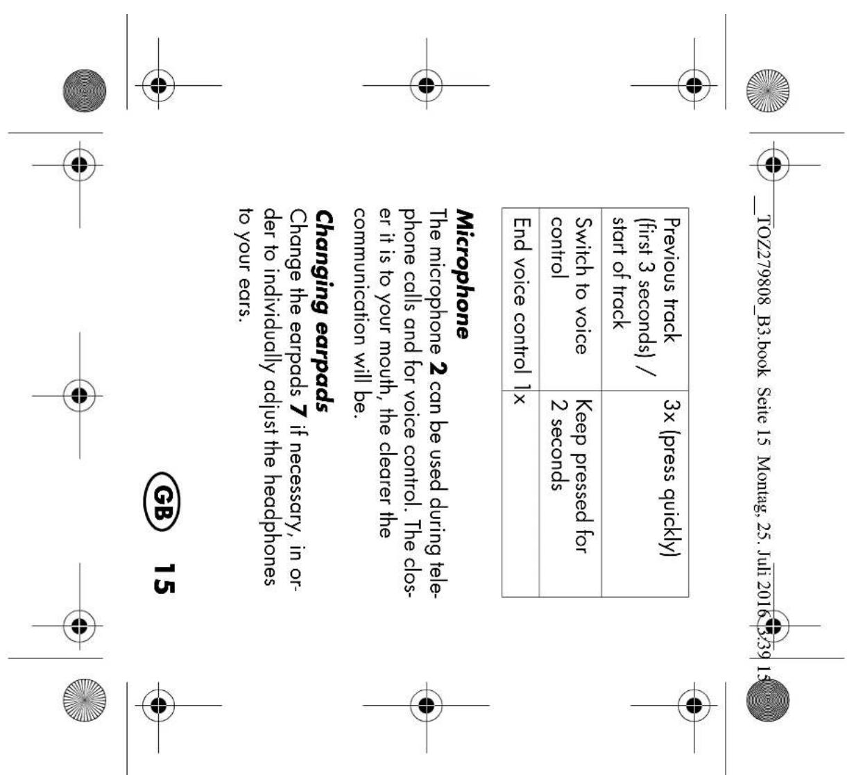 TOZ279808_B3.book Seite 15 Montag, 25. Juli 2016 3:39 15 Previous track (first 3 seconds) / start of track 3x (press quickly) Switch to voice control Keep pressed for 2 seconds End voice control 1x Microphone The microphone 2 can be used during tele- phone calls and for voice control. The clos- er it is to your mouth, the clearer the communication will be. Changing earpads Change the earpads 7 if necessary, in or- der to individually adjust the headphones to your ears. GB 15