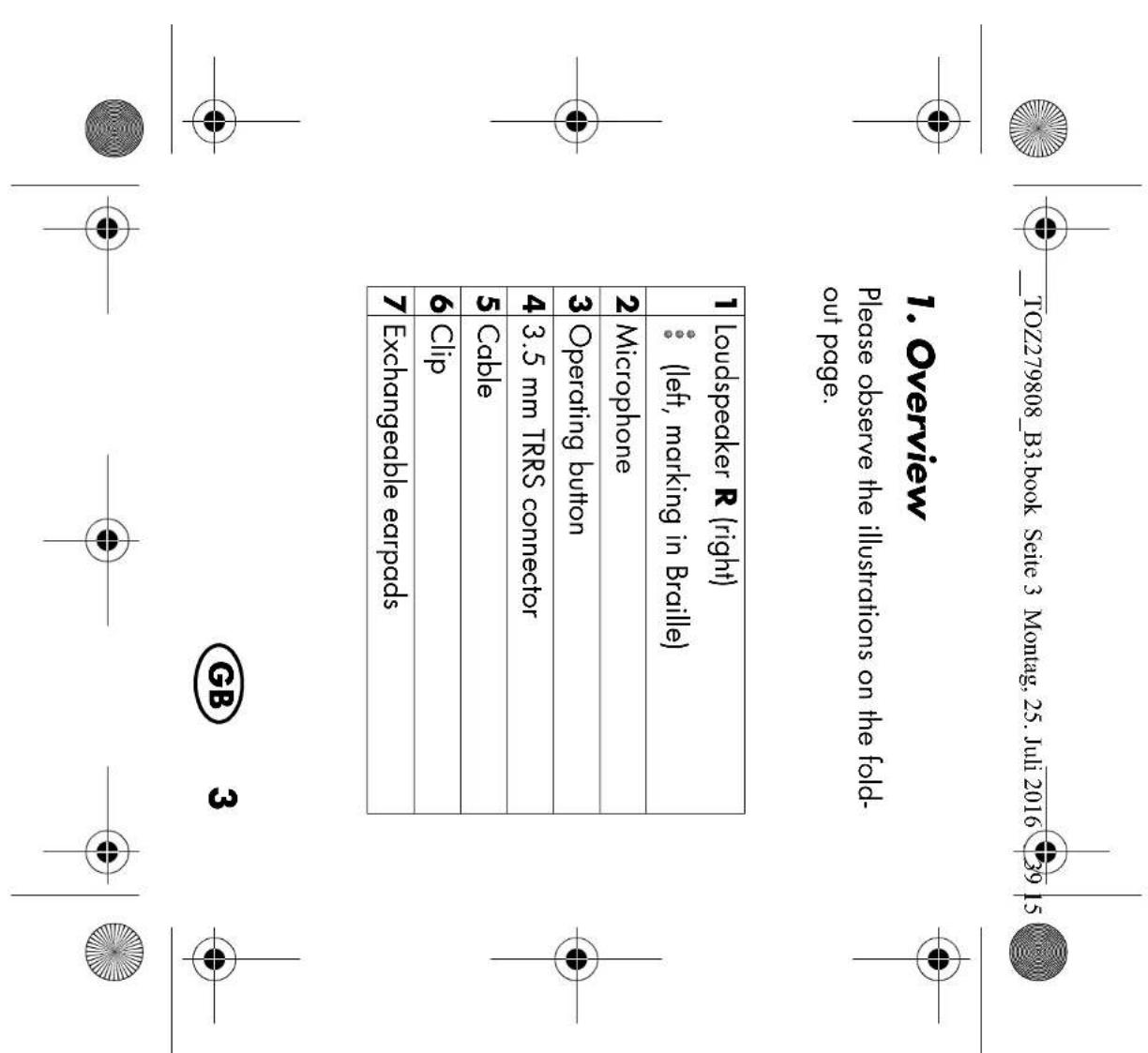 TOZ279808_B3.book Seite 3 Montag, 25. Juli 2016 39 15 1. Overview Please observe the illustrations on the fold- out page. 1 Loudspeaker R (right) : (left, marking in Braille) 2 Microphone 3 Operating button 4 3.5 mm TRRS connector 5 Cable 6 Clip 7 Exchangeable earpads GB 3
