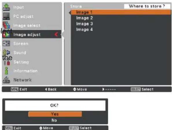Input PC adjust Image select Image adjust Screen Sound Setting Information Network Store Where to store ? Image 1 Image 2 Image 3 Image 4 OK? Yes No Exit Back Move SELECT Select OK? Yes No Exit Move Select