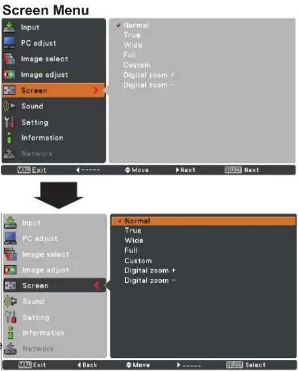 Screen Menu Input PC adjust Image select Image adjust Screen Sound Setting Information Network Menu Exit Normal True Wide Full Custom Digital zoom + Digital zoom - Move Next Select Next Input PC adjust Image select Image adjust Screen Sound Setting Information Network Normal True Wide Full Custom Digital zoom + Digital zoom - Exit Back Move > - Select