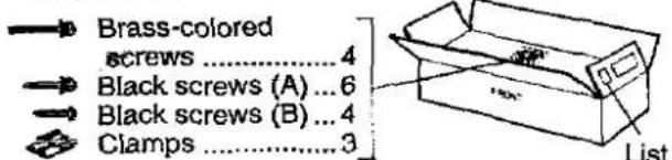 Brass-colored screws ....4 Black screws (A) ...6 Black screws (B) ...4 Clamps ....3 List