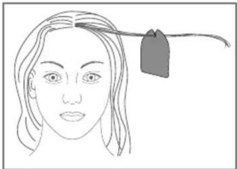 Line drawing of a human face with a hanging tag attached to the forehead (no text or symbols)