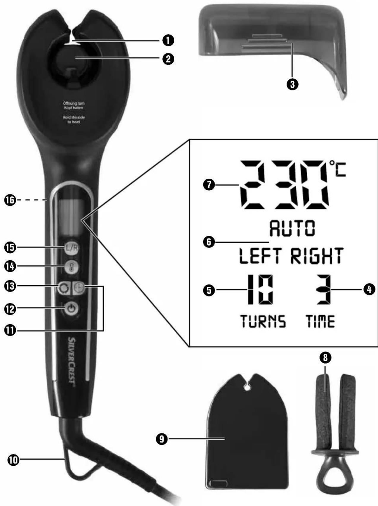 1 2 3 Offnung turn Köpt nutzen Hold this/side to Head 16 15 14 13 12 11 SILVERCREST® 10 7 230°C AUTO LEFT RIGHT 10 3 TURNS TIME 8 9