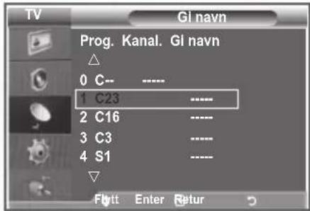 TV Program. Kanal. Gi navn 0 C-- ---- 1 C23 ---- 2 C16 ---- 3 C3 ---- 4 S1 ---- Flytt Enter Retur
