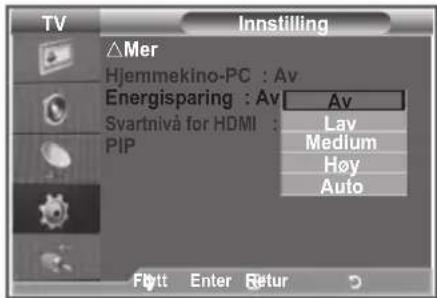 TV Innstilling △Mer Hjemmekino-PC: Av Energisparing: Av Svartnivå for HDMI: PIP Av Lav Medium Høy Auto Trykk Enter Retur