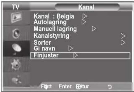 TV Kanal Kanal : Belgia Autolagring Manuell lagring Kanalstyring Sorter Gi navn Finjuster Flytt Enter Retur