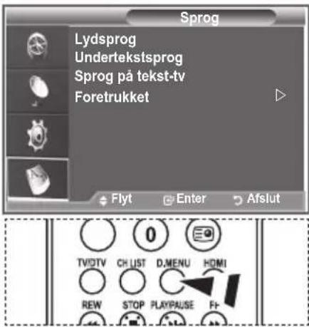 Sprog Lydsprog Undertekstsprog Sprog på tekst-tv Foretrukket Flyt Enter Afslut TVDTV CH LIST D.MENU HDMI REW STOP PLAYPAUSE Fr