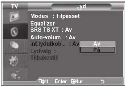 Modus: Tilpasset Equalizer SRS TS XT: Av Auto-volum: Av Int.lydutkobl.: Av Lydvalg: På Tilbakestill