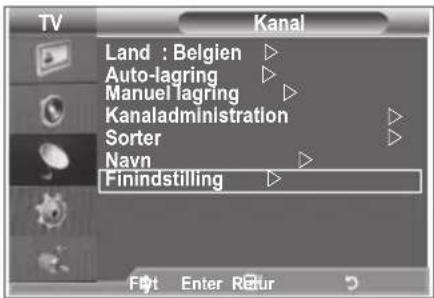 TV Kanal Land : Belgien ▷ Auto-lagring ▷ Manuel lagring ▷ Kanaladministration Sorter ▷ Navn ▷ Finindstilling ▷ Fkt Enter Rétur
