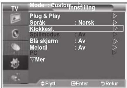 Modus: Custom Innstilling Plug & Play Språk: Norsk Klokkesl. Spillmodus: Av Blå skjerm: Av Melodi: Av PC Mer Flytt Enter Retur